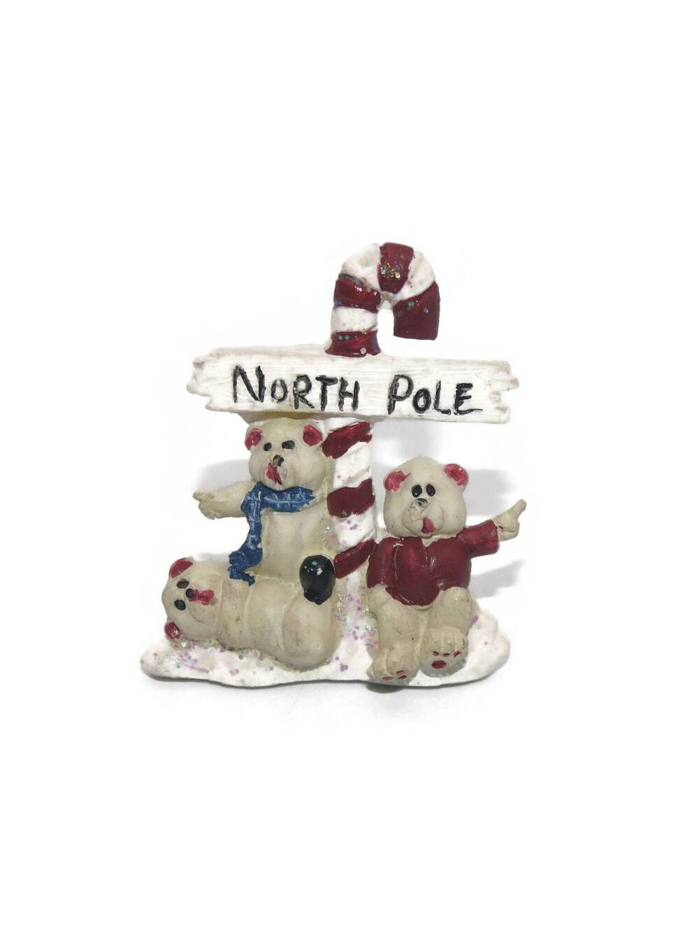 Vintage Ceramic North Pole and Polar Bears Themed Enameled Christmas Brooch.